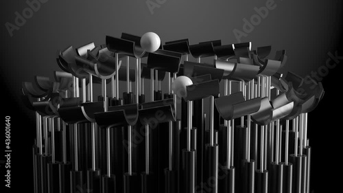 3d render of infinite metal moving on the surface of split pipes that are up to hold it. Minimalist satisfying loop video in monochrome black and white gamma.