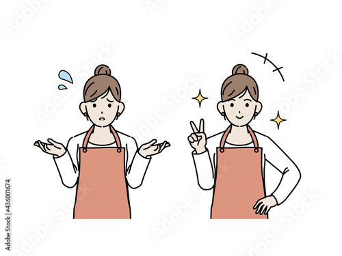 主婦　困る仕草　ポーズ　ピースサイン　女性　上半身　イラスト素材