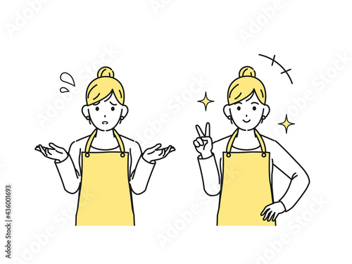 主婦　困る仕草　ポーズ　ピースサイン　女性　上半身　イラスト素材