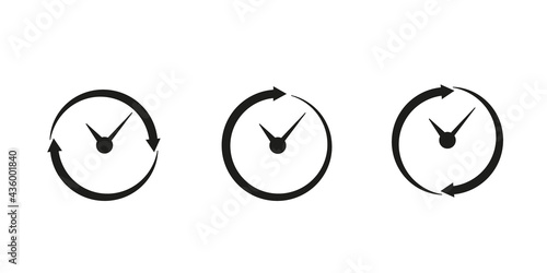 Set timer icon, hour time with arrows and circle watch. Service 24 hours day. Deadline concept. Open around clock. Vector sign
