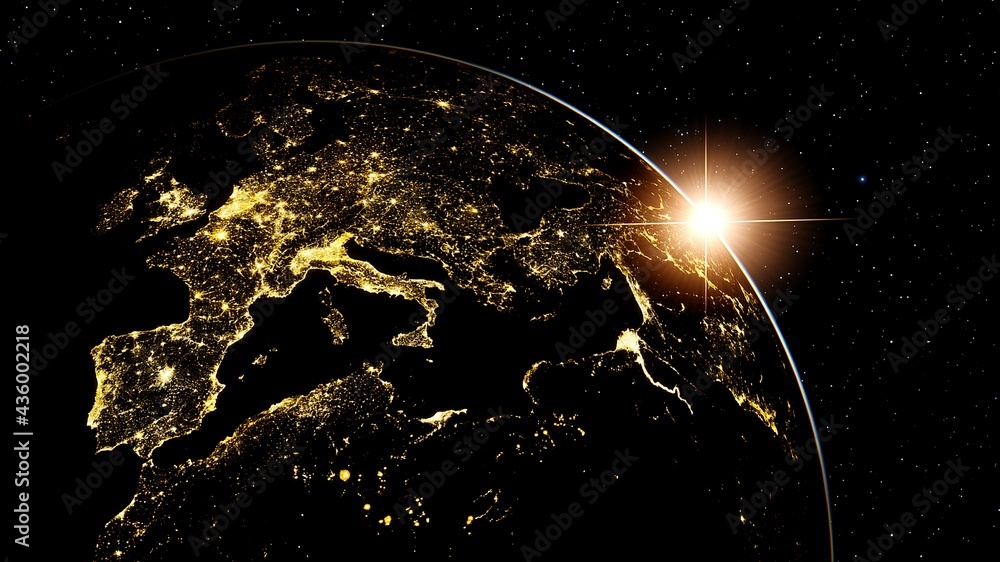 Europe from space, lights of europe from space, night Europe from space 3d render - obrazy, fototapety, plakaty 