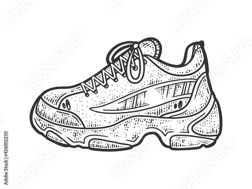 sneaker sport trainers athletic shoe line art sketch engraving vector illustration. T-shirt apparel print design. Scratch board imitation. Black and white hand drawn image.