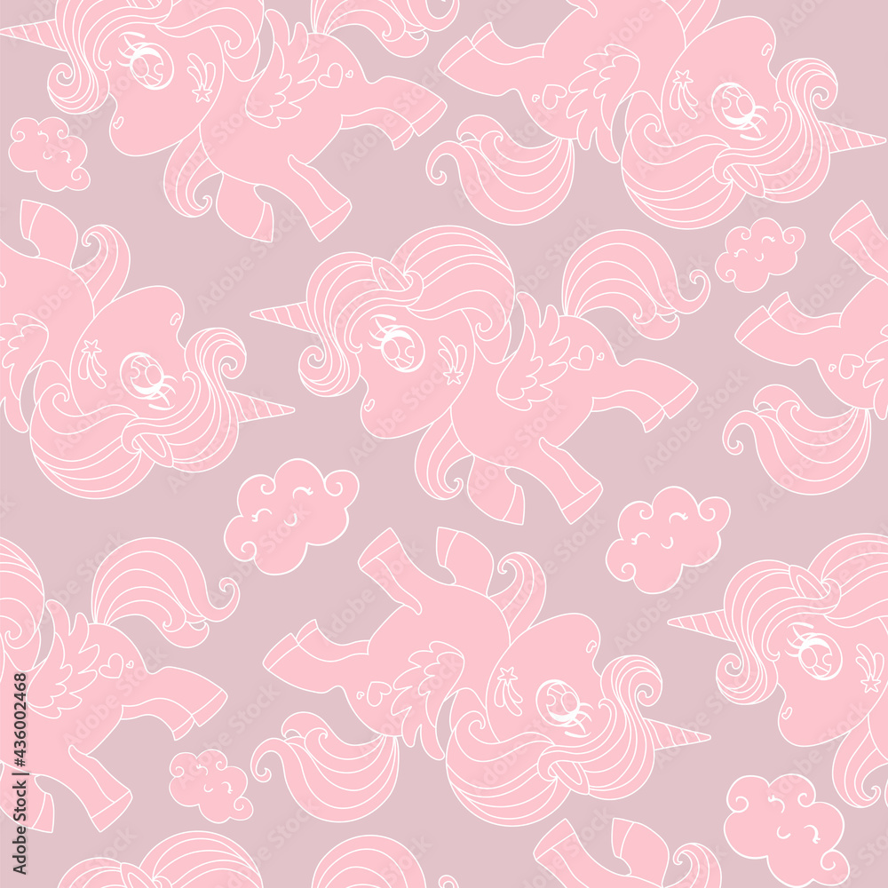 Seamless vector pattern with cute contour unicorns
