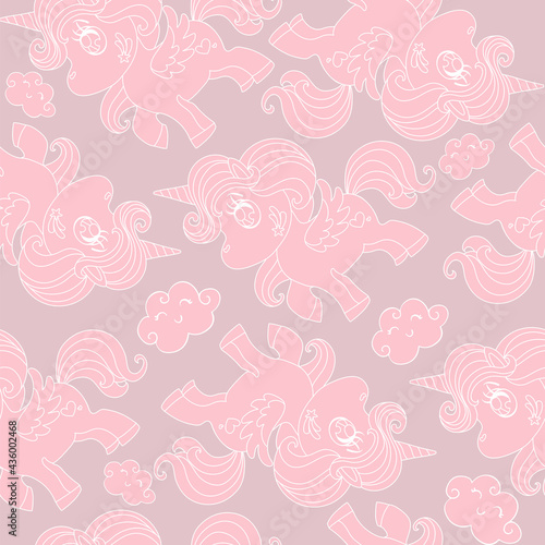 Seamless vector pattern with cute contour unicorns