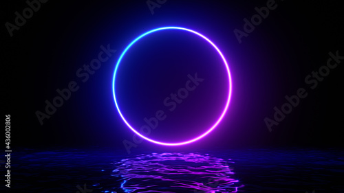 Glowing neon purple circle ring line with reflections on water, lights, waves abstract vintage background, ultraviolet, spectrum vibrant colors, laser show. 3d render illustration © Nikolay E