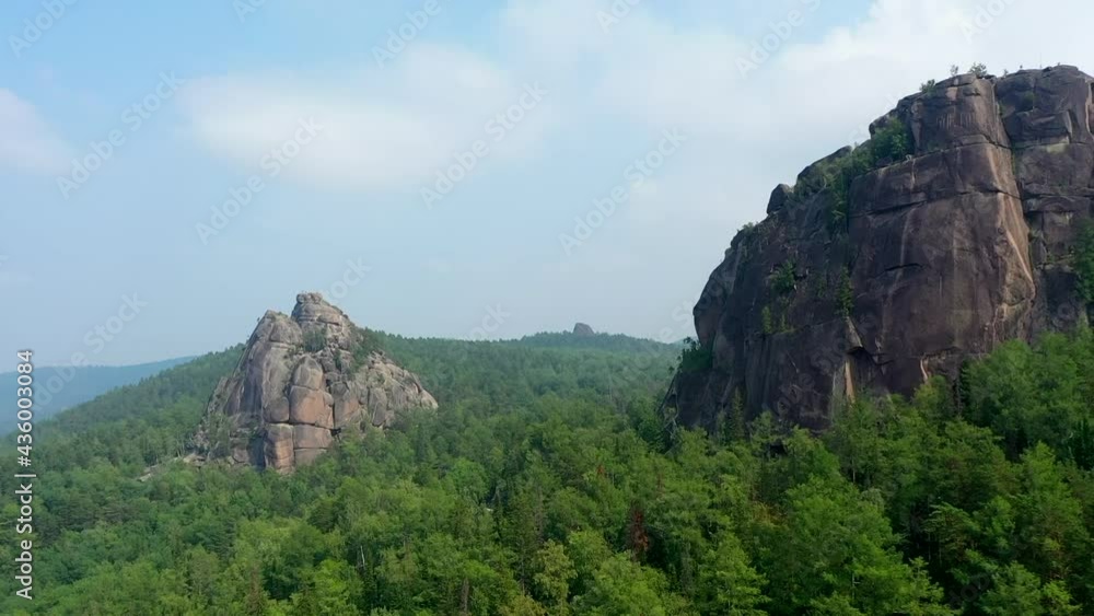 Drone flight over famous Krasnoyarsk pillars Drone flight over famous Krasnoyarsk pillars