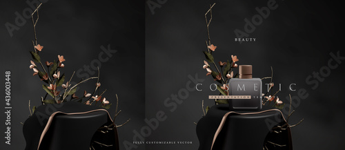 Dark elegant podium scene for product presentation with realistic decorative flowers and branches still life style. professional product display placement template photo