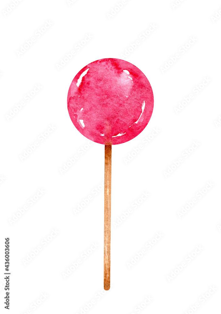 Watercolor pink lollipop. Berry candy on a stick isolated on white background. Hand-drawn illustration. Perfect for your projects, cards, decorations, covers, menu. Watercolor pink lollipop. Berry candy on a stick isolated on white background. Hand-drawn illustration. Perfect for your projects, cards, decorations, covers, menu.