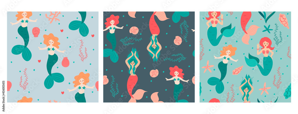 Set of vector seamless patterns with cute mermaids in bright summer colors