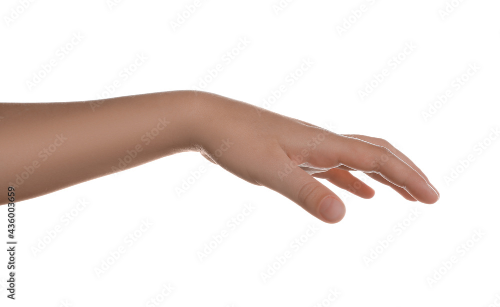 Child showing hand on white background, closeup Child showing hand on white background, closeup