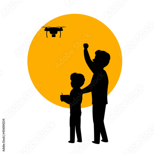 father and son flying piloting a drone isolated vector illustration silhouette scene