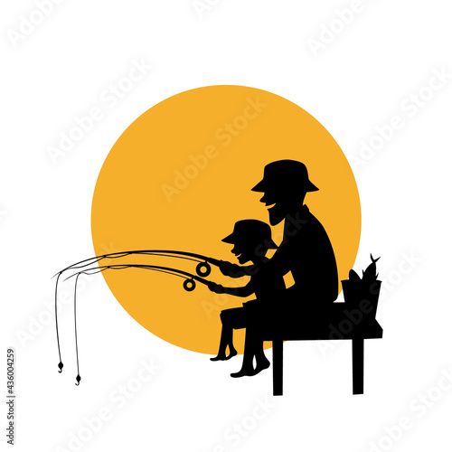 father and son fishing together isolated vector illustration silhouette scene