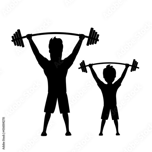 father and son, man and boy exercising together vector illustration isolated  silhouette scene