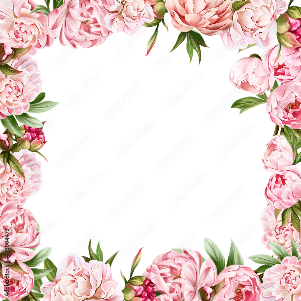 Watercolor frames, wreaths of peonies. Suitable for wedding invitations. Wedding greens. Pink, green tones. Use watercolors to save the date card.Summer rustic style.Isolated and editable. 
