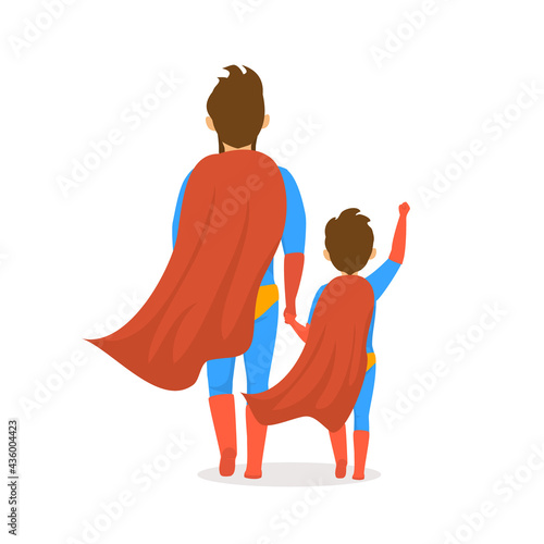 happy fathers day isolated vector illustration cartoon backside view scene with dad and son dressed in superhero costumes walking together holding hands photo