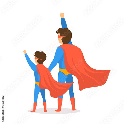 happy fathers day isolated vector illustration cartoon backside view scene with dad and son dressed in superhero costumes
