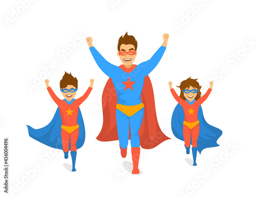 family, dad and kids, cute boy and girl playing superheroes, running excited in super hero costumes front view fun humor fathers day concept isolated vector illustration scene