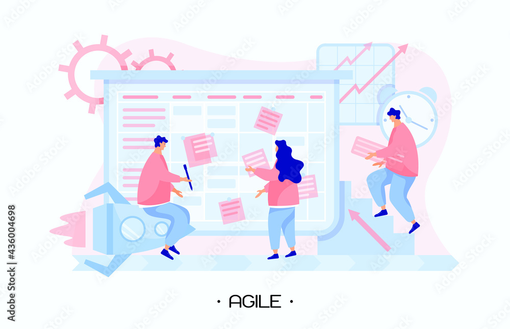 Team launch a new startup using Agile methodology and Kanban board. Girl creates tasks and glues stickers on board. Man shapes creative idea and vision. Modern flat people vector illustration. Vector