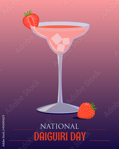Strawberry Daiquiri in a cocktail glass.
Vector design in flat style for National Day of Alcoholic Cocktail Cuban Descent Daiquiri July 19.