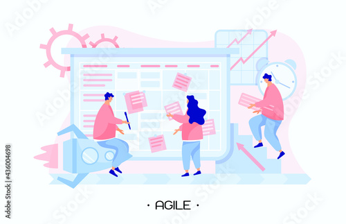 Team launch a new startup using Agile methodology and Kanban board. Girl creates tasks and glues stickers on board. Man shapes creative idea and vision. Modern flat people vector illustration. Vector