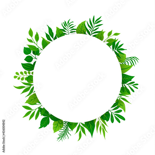 summer spring green leaves branches twigs plants foliage greenery round circle frame with place for text isolated vector illustration