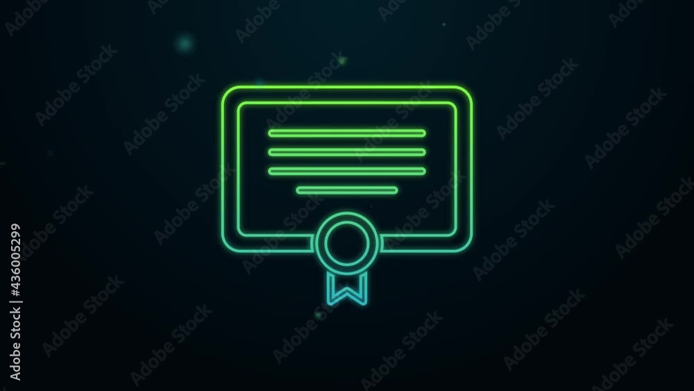 Glowing neon line Certificate template icon isolated on black background. Achievement, award, degree, grant, diploma. Business success certificate. 4K Video motion graphic animation Glowing neon line Certificate template icon isolated on black background. Achievement, award, degree, grant, diploma. Business success certificate. 4K Video motion graphic animation