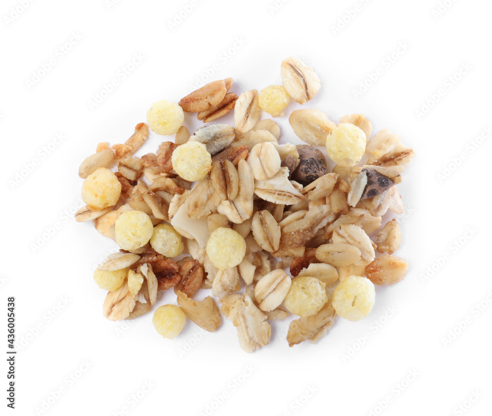 Pile of granola on white background, top view. Healthy snack Pile of granola on white background, top view. Healthy snack