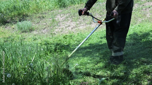 a person in dark clothes mows tall grass with a gasoline mower, mowing an overgrown lawn with a hand-held lawn mower, seasonal gardening or park work with a benzo tool