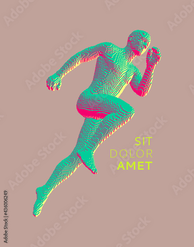 Running man constructing from cubes. Marathon runner. Human body model. Design for sport. Voxel art. 3D vector illustration.