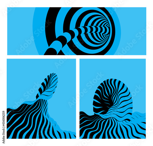 Pattern with optical illusion. Futuristic vector illustration of ocean waves. Abstract striped background. Cover design template.