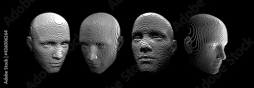 Four human faces constructing from cubes. Anonymous social masking. Technology and robotics concept. Voxel art. 3D vector illustration.