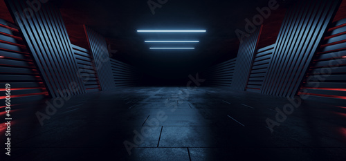 Fototapeta Naklejka Na Ścianę i Meble -  Realistic Alien Sci Fi Futuristic Concrete Asphalt Warehouse Spaceship Garage Hangar Parking Hallway Tunnel Corridor Blue Red Glowing Lights Background 3D Rendering