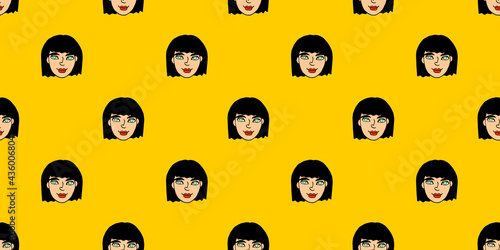 Vector Seamless pattern with cartoon face girl or woman. Hand drawn heads of kids people in doodle style. Childish, girlish fun cute texture backdrop