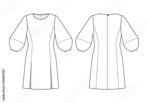 Fashionable technical drawing of a mini dress with puff sleeves