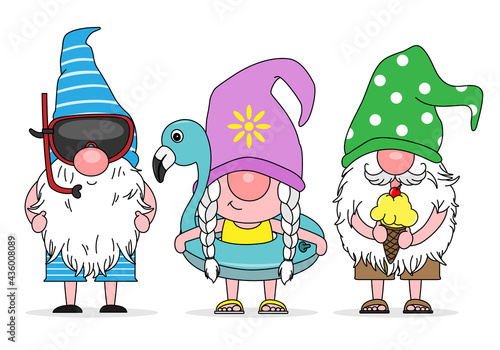 Summer gnomes. Gnomes with float, diving goggles and ice cream. 