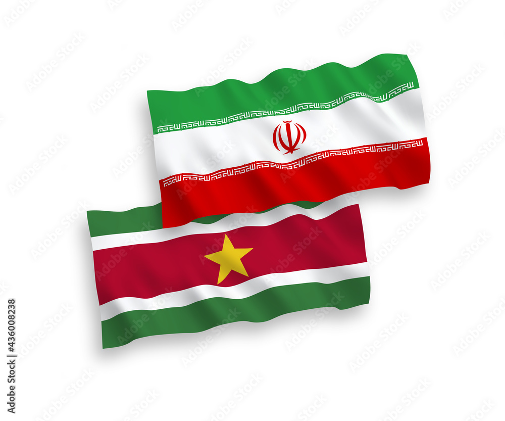 Flags of Republic of Suriname and Iran on a white background Flags of Republic of Suriname and Iran on a white background