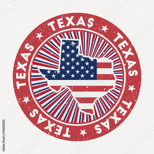Texas round stamp. Logo of US state with flag. Vintage badge with circular text and stars, vector illustration.