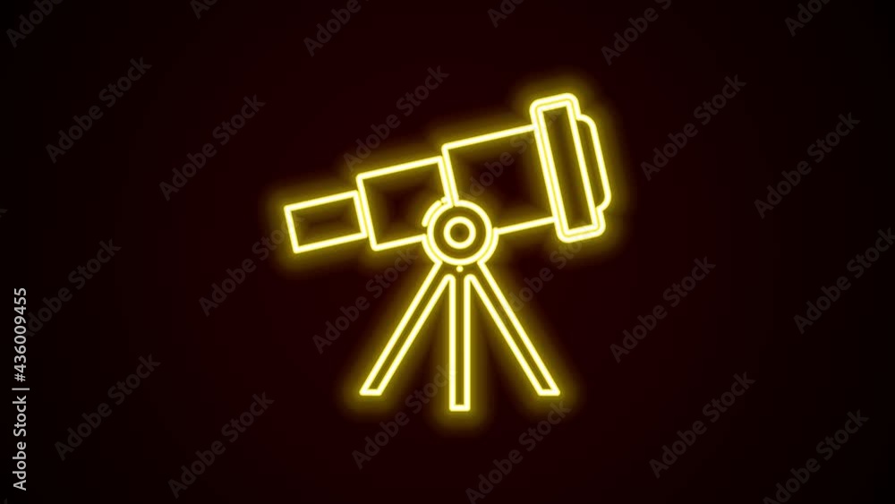 Glowing neon line Telescope icon isolated on black background. Scientific tool. Education and astronomy element, spyglass and study stars. 4K Video motion graphic animation Glowing neon line Telescope icon isolated on black background. Scientific tool. Education and astronomy element, spyglass and study stars. 4K Video motion graphic animation