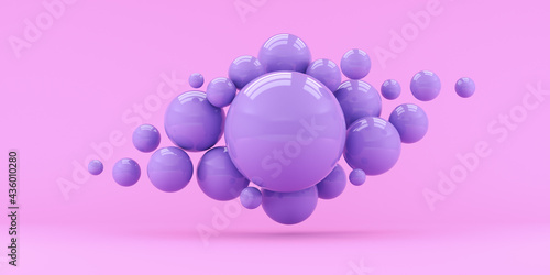 Horizontal banner. Abstraction. Blue spheres rushing to the center on a pink background. 3d rendering.
