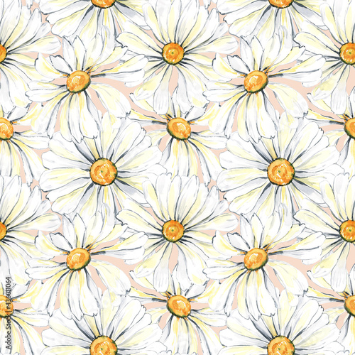 Watercolor daisy seamless pattern. Boho floral and leaves, naive style, Tender boho pattern for nursery, hone decor, wallpaper, apparel, kids fashion