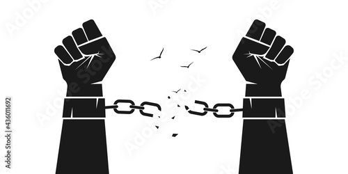 Hands are breaking steel handcuffs. Broken chains, shackles. Freedom concept. Isolated vector illustration.