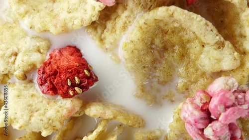 Corn flakes with strawberry in a bowl with milk rotation. 4K. macro close up photo