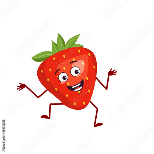 Cute strawberry character with joy emotions, smiling face, happy eyes, arms and legs. A mischievous red fruit hero