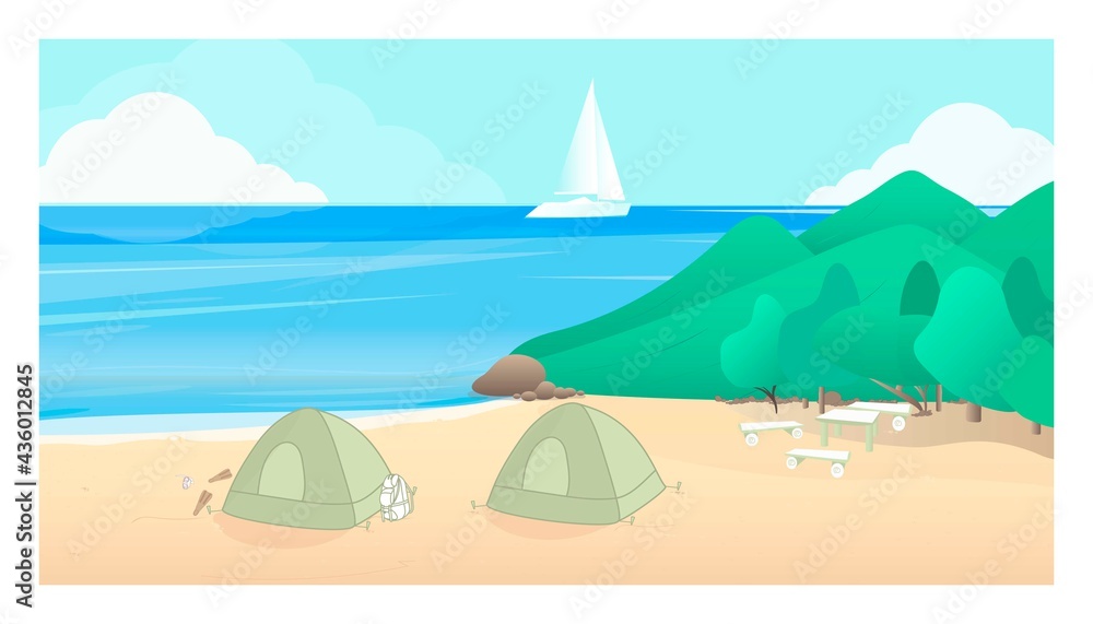 Fototapeta premium Illustration of a camping site with tents on the beach, ocean on the background of mountains. Background with a summer camp for vacation. Suitable for page design, web design, banner design, wallpaper