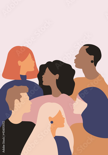 woman man social network community. group of multi ethnic racial people who talk and share ideas, information. communication and friendship between person of diverse cultures. vector human silhouette