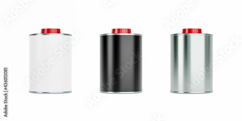 750ml tin cans with red plastic caps, blank black and white labels. 