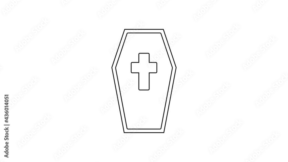 Black line Coffin with christian cross icon isolated on white background. Happy Halloween party. 4K Video motion graphic animation Black line Coffin with christian cross icon isolated on white background. Happy Halloween party. 4K Video motion graphic animation