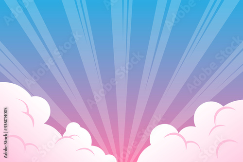 Vector illustration of a gentle morning sky with clouds. Background with morning rays and clouds in pink and blue colors.
