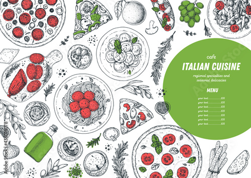 Italian Food. Top view. Sketch illustration. Italian cuisine. Design template. Hand drawn vector illustration. Black and white. Engraved style. Authentic dishes