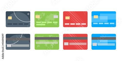 Credit cards set with colorful abstract design background. Black credit card. Vector illustration.